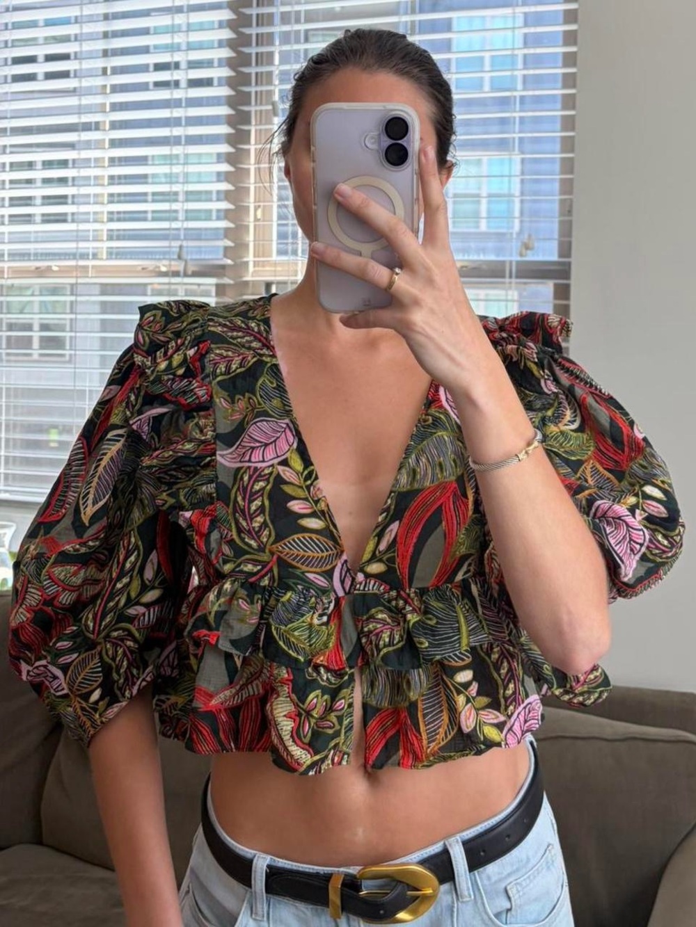 Olivaceous cropped flowy blouse